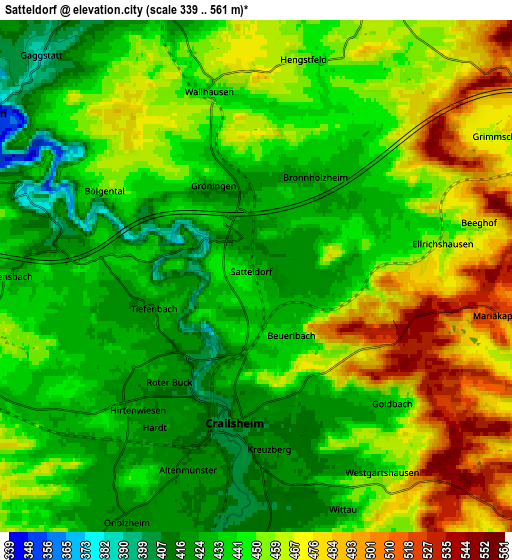 Zoom OUT 2x Satteldorf, Germany elevation map