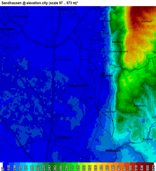 Zoom OUT 2x Sandhausen, Germany elevation map