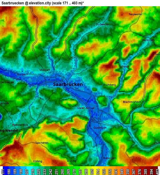 Zoom OUT 2x Saarbrücken, Germany elevation map