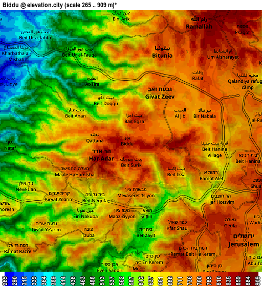 Zoom OUT 2x Biddū, Palestinian Territory elevation map
