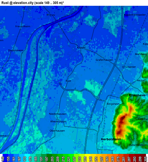 Zoom OUT 2x Rust, Germany elevation map