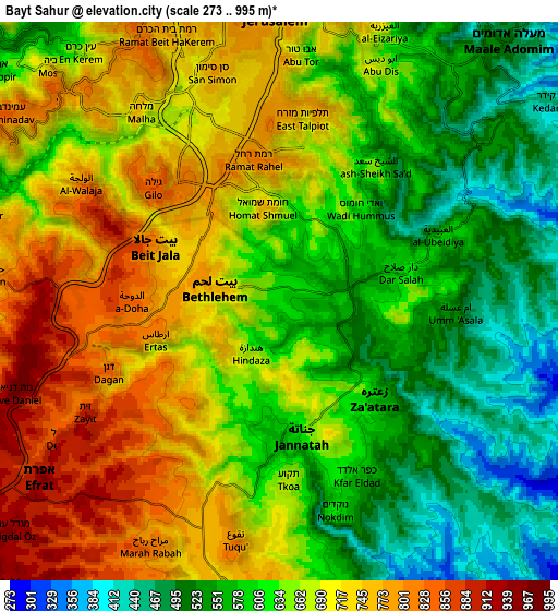 Zoom OUT 2x Bayt Sāḩūr, Palestinian Territory elevation map