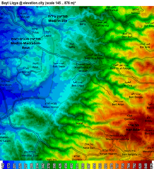 Zoom OUT 2x Bayt Liqyā, Palestinian Territory elevation map