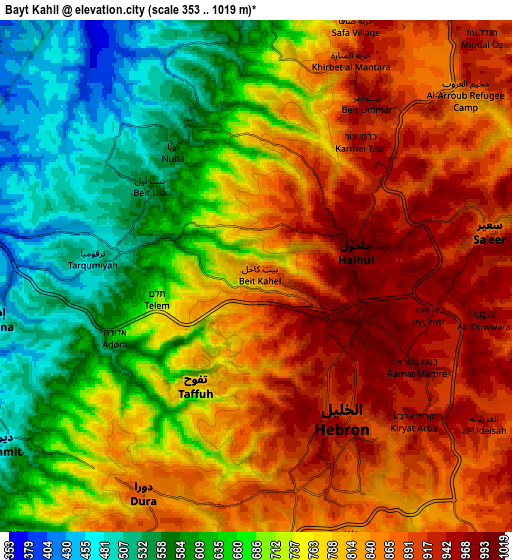 Zoom OUT 2x Bayt Kāḩil, Palestinian Territory elevation map