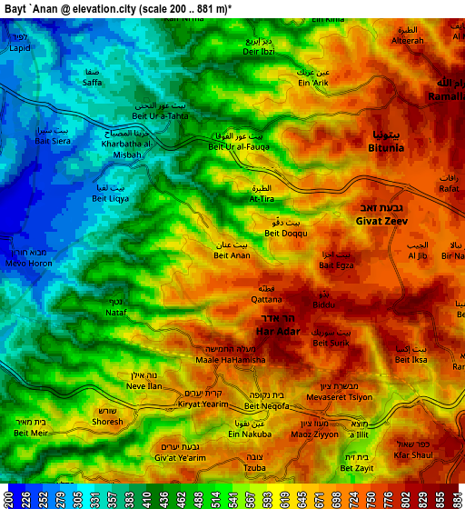 Zoom OUT 2x Bayt ‘Anān, Palestinian Territory elevation map