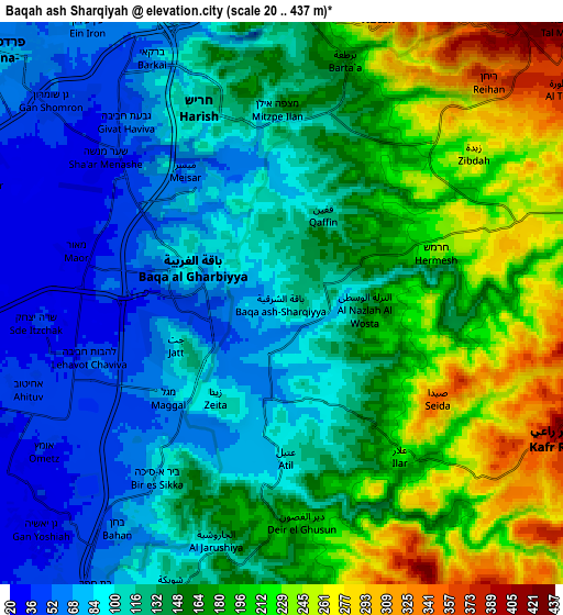 Zoom OUT 2x Bāqah ash Sharqīyah, Palestinian Territory elevation map