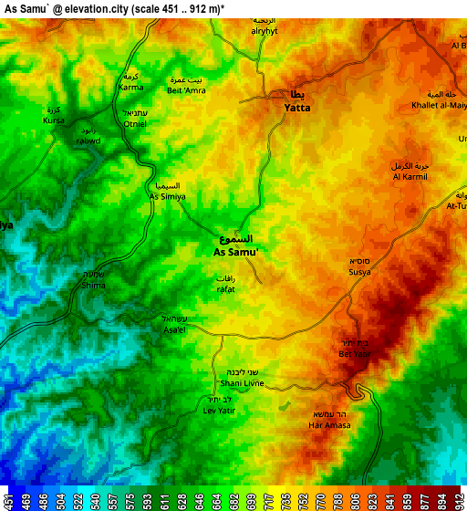 Zoom OUT 2x As Samū‘, Palestinian Territory elevation map