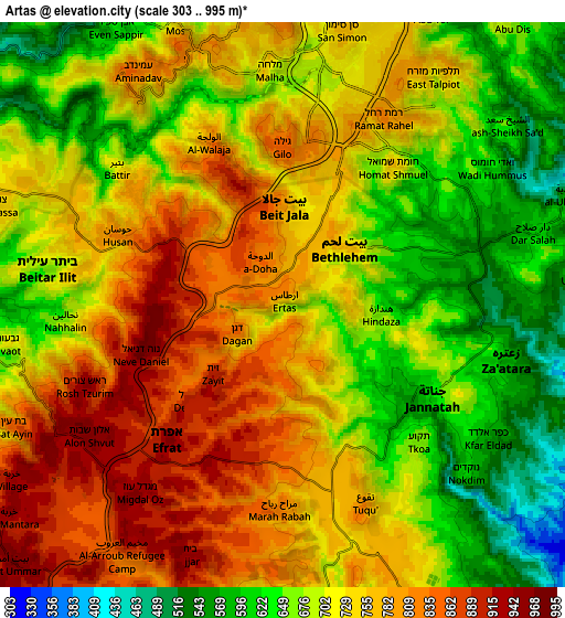Zoom OUT 2x Arţās, Palestinian Territory elevation map