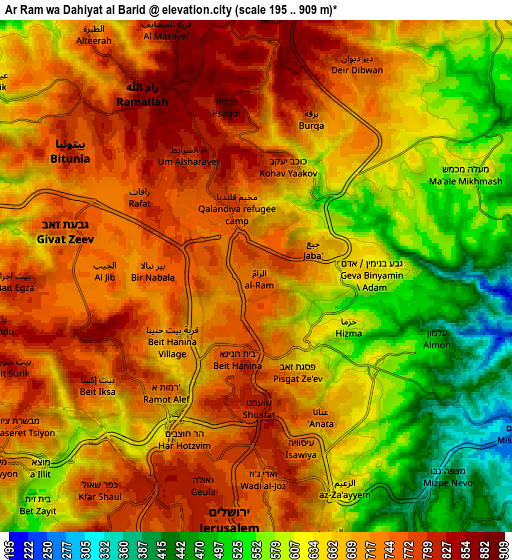 Zoom OUT 2x Ar Rām wa Ḑāḩiyat al Barīd, Palestinian Territory elevation map