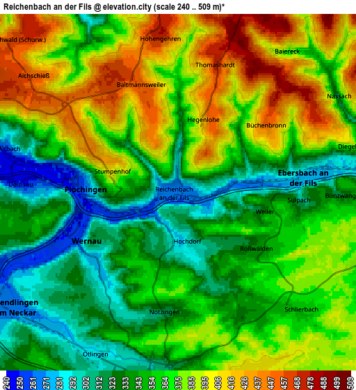 Zoom OUT 2x Reichenbach an der Fils, Germany elevation map