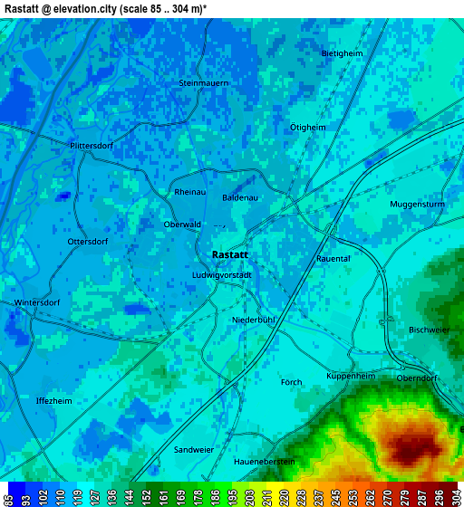 Zoom OUT 2x Rastatt, Germany elevation map