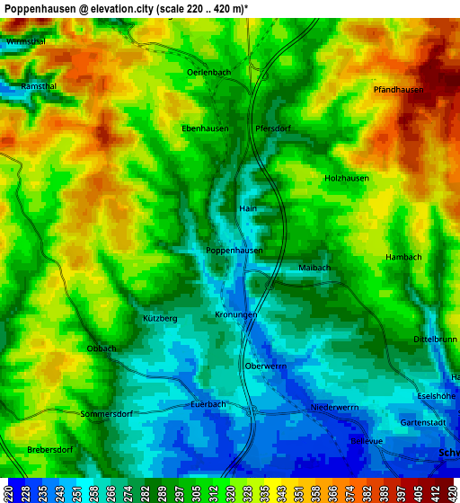 Zoom OUT 2x Poppenhausen, Germany elevation map