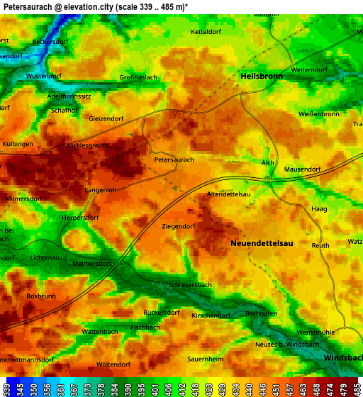 Zoom OUT 2x Petersaurach, Germany elevation map