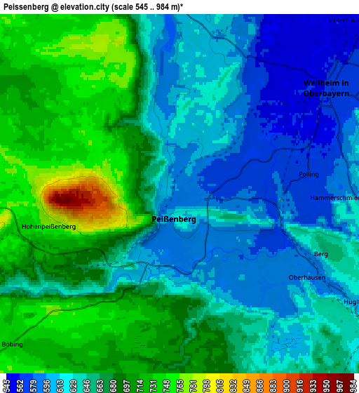 Zoom OUT 2x Peißenberg, Germany elevation map