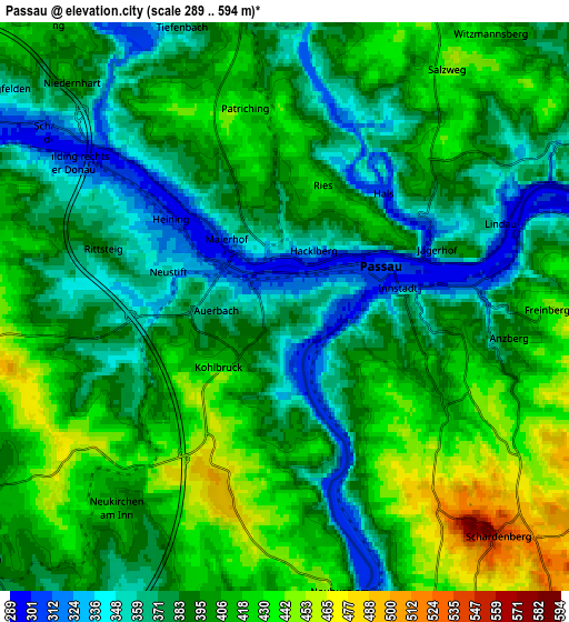 Zoom OUT 2x Passau, Germany elevation map