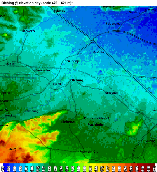 Zoom OUT 2x Olching, Germany elevation map