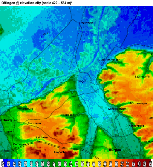 Zoom OUT 2x Offingen, Germany elevation map