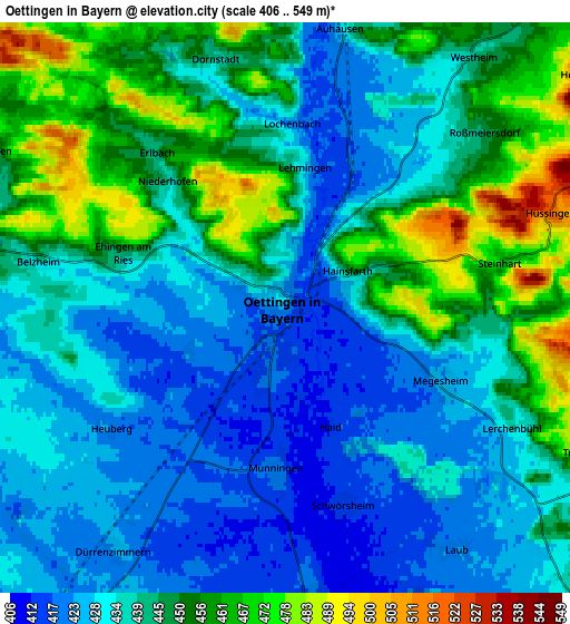 Zoom OUT 2x Oettingen in Bayern, Germany elevation map