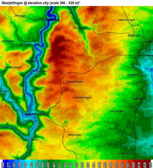 Zoom OUT 2x Oberjettingen, Germany elevation map