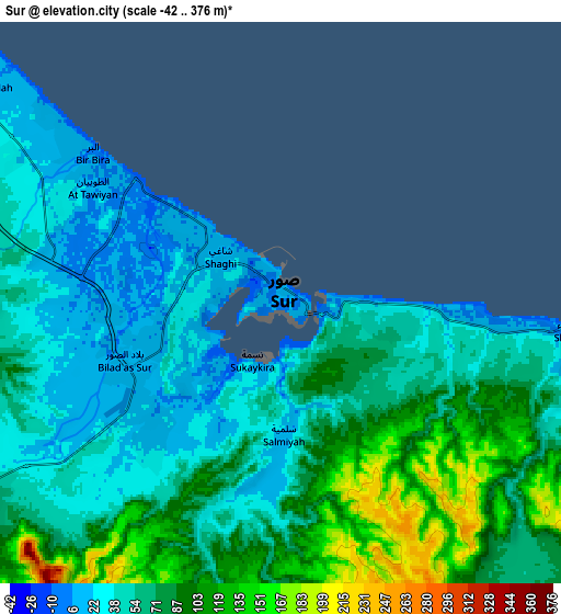 Zoom OUT 2x Sur, Oman elevation map