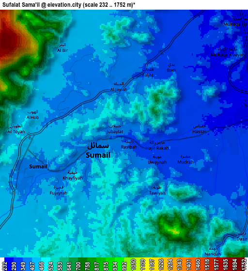 Zoom OUT 2x Sufālat Samā’il, Oman elevation map