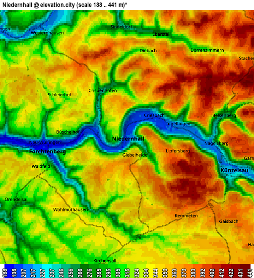 Zoom OUT 2x Niedernhall, Germany elevation map