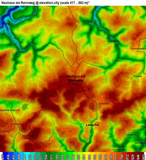 Zoom OUT 2x Neuhaus am Rennweg, Germany elevation map