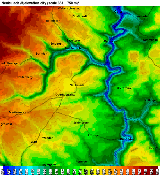 Zoom OUT 2x Neubulach, Germany elevation map