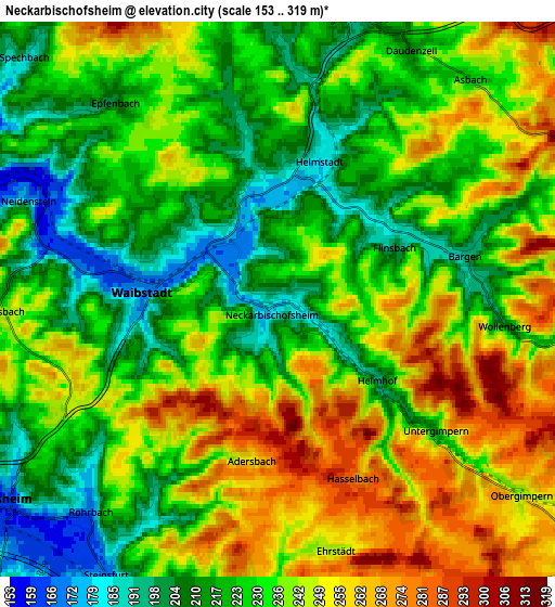 Zoom OUT 2x Neckarbischofsheim, Germany elevation map