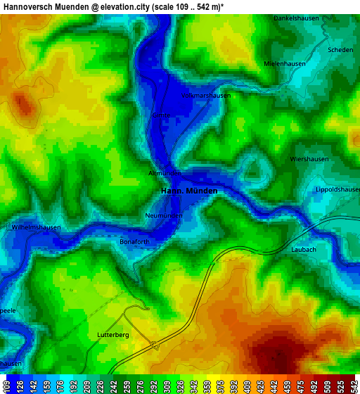 Zoom OUT 2x Hannoversch Münden, Germany elevation map
