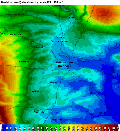 Zoom OUT 2x Mühlhausen, Germany elevation map