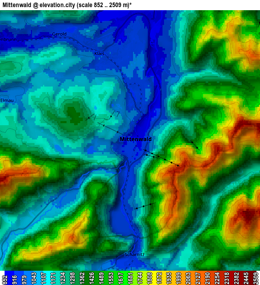 Zoom OUT 2x Mittenwald, Germany elevation map