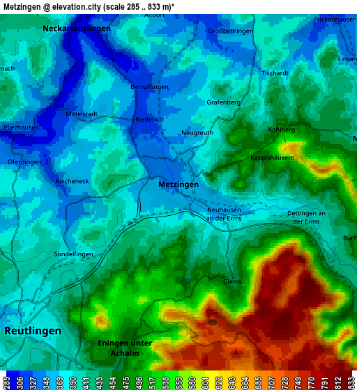 Zoom OUT 2x Metzingen, Germany elevation map