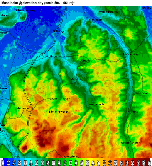 Zoom OUT 2x Maselheim, Germany elevation map