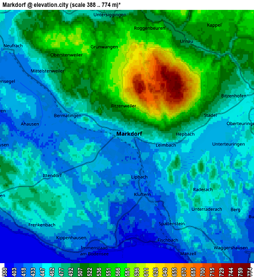 Zoom OUT 2x Markdorf, Germany elevation map