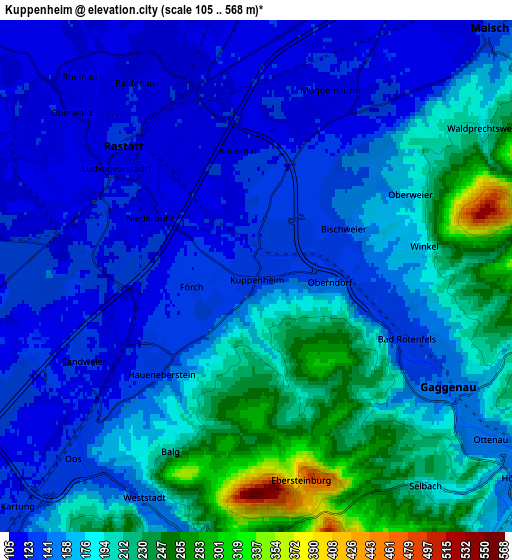 Zoom OUT 2x Kuppenheim, Germany elevation map