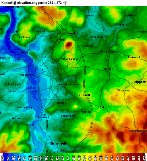 Zoom OUT 2x Künzell, Germany elevation map