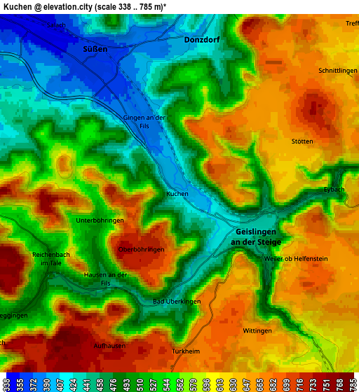 Zoom OUT 2x Kuchen, Germany elevation map