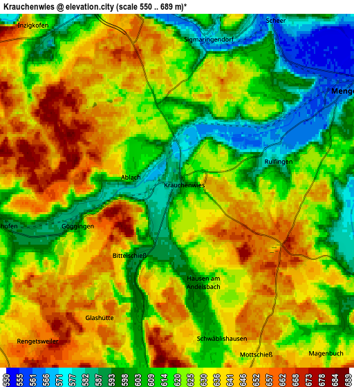 Zoom OUT 2x Krauchenwies, Germany elevation map