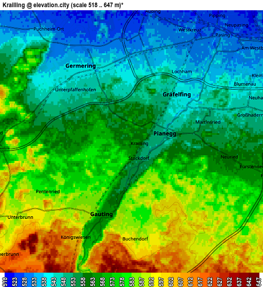 Zoom OUT 2x Krailling, Germany elevation map