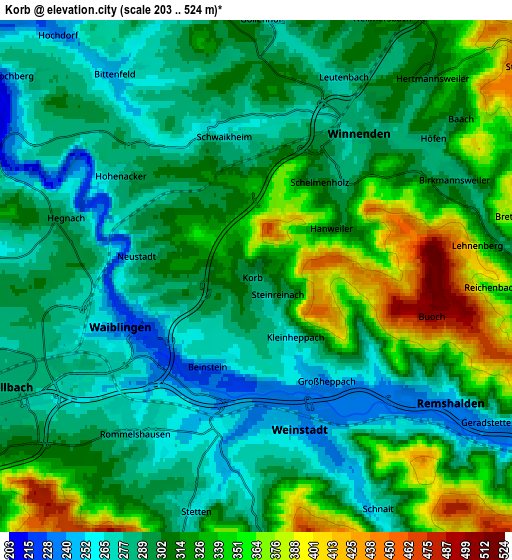 Zoom OUT 2x Korb, Germany elevation map