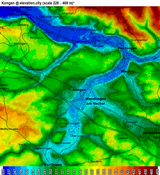 Zoom OUT 2x Köngen, Germany elevation map