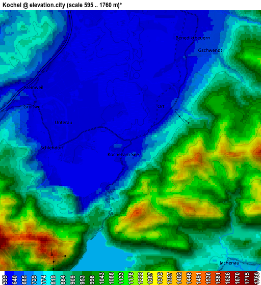 Zoom OUT 2x Kochel, Germany elevation map