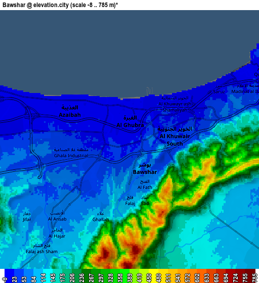 Zoom OUT 2x Bawshar, Oman elevation map