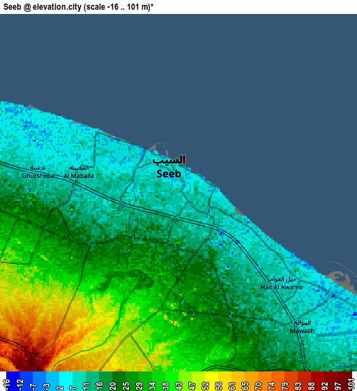 Zoom OUT 2x Seeb, Oman elevation map