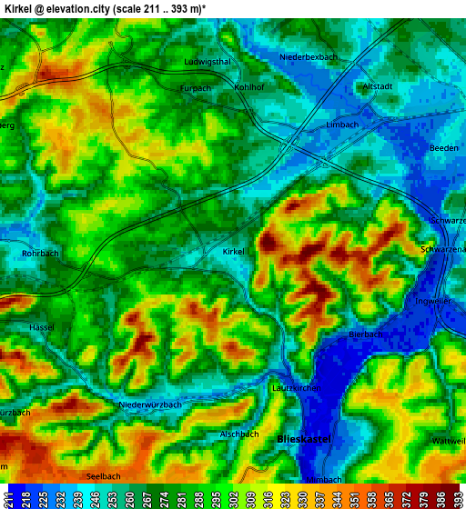Zoom OUT 2x Kirkel, Germany elevation map