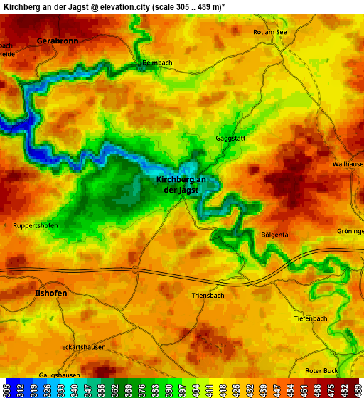 Zoom OUT 2x Kirchberg an der Jagst, Germany elevation map