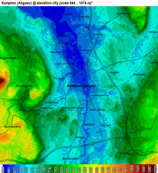 Zoom OUT 2x Kempten (Allgäu), Germany elevation map