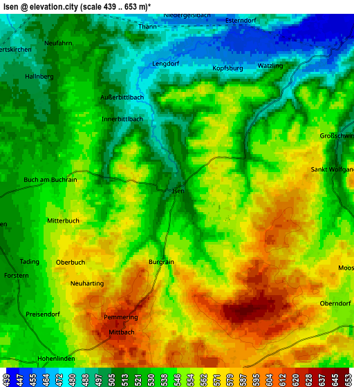 Zoom OUT 2x Isen, Germany elevation map