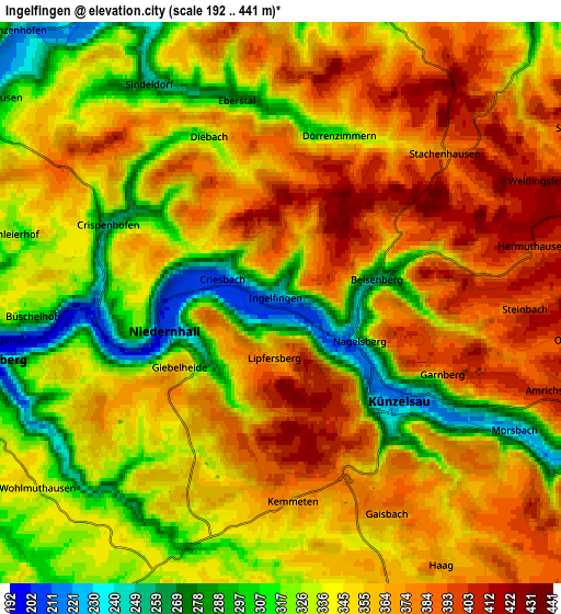 Zoom OUT 2x Ingelfingen, Germany elevation map